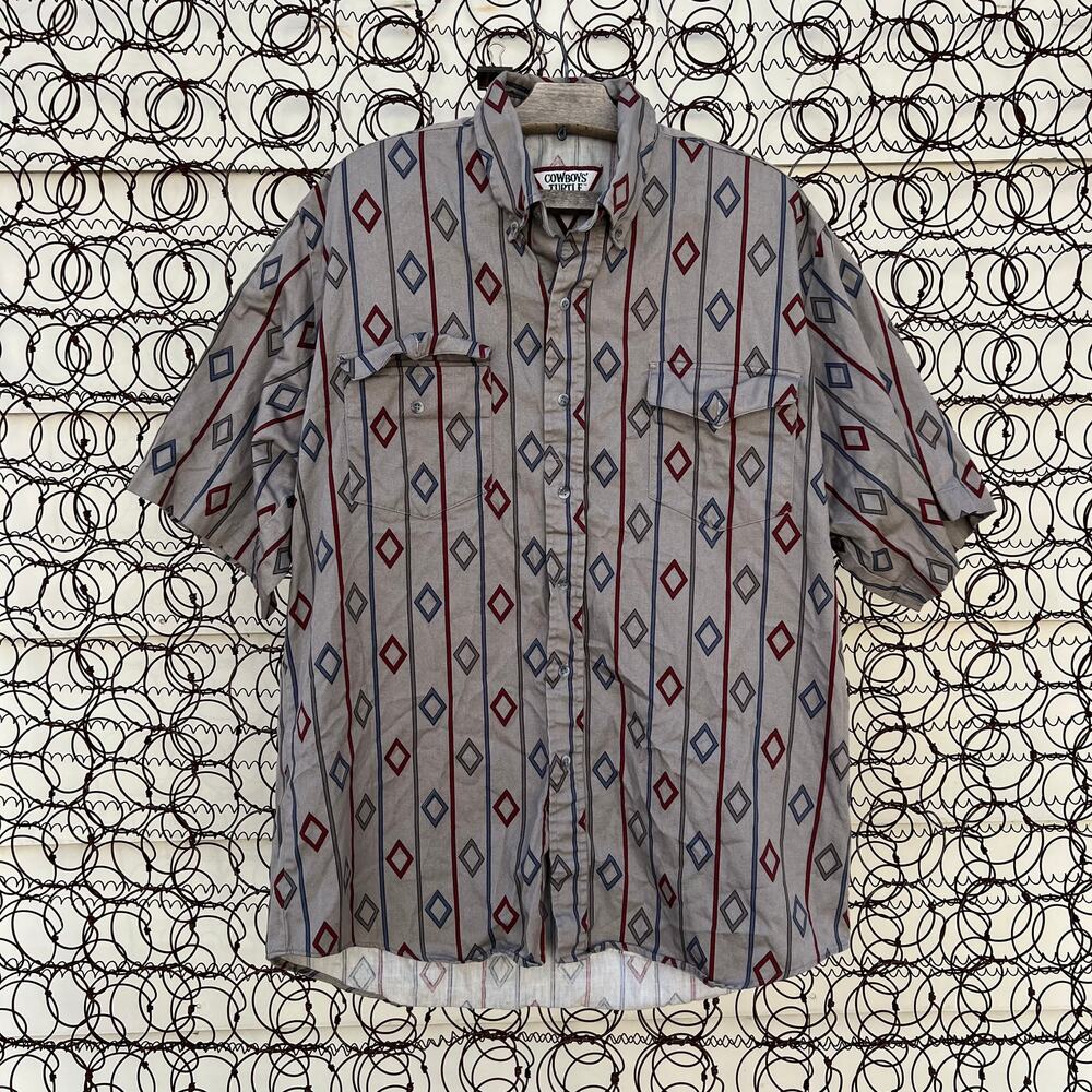 Vintage 90s Cowboy's Turtle gray red stripe diamond short sleeve shirt